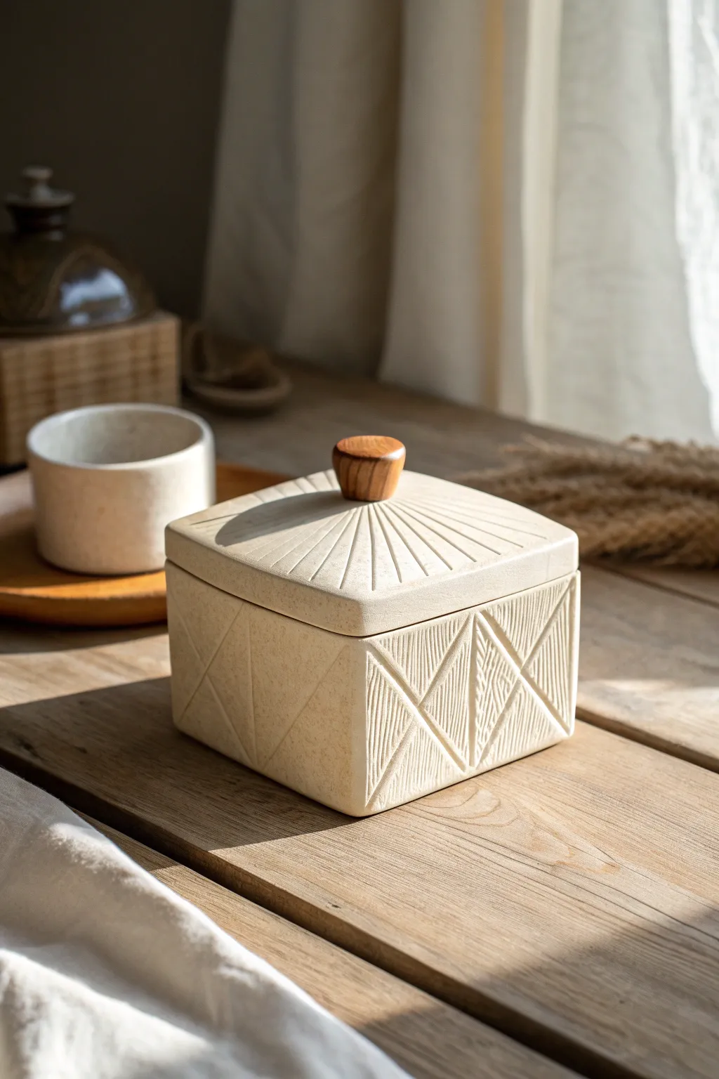 Clean slab built lidded box with subtle carving and a bold knob, an easy high school clay win