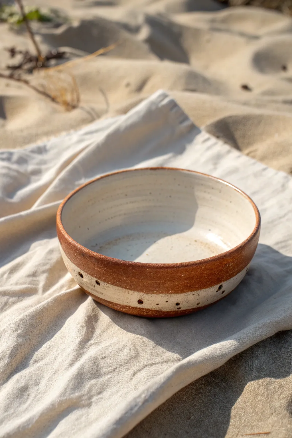 Charming coil bowl with visible texture and simple two-tone glaze, perfect for middle school clay.