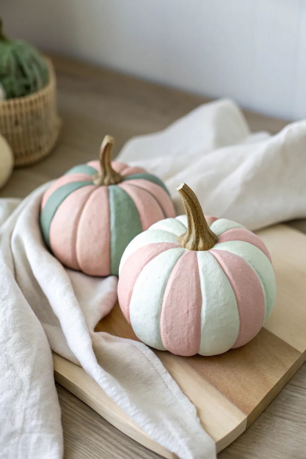 Soft pastel color-block clay pumpkins in blush, sage, and cream for an airy modern fall look.