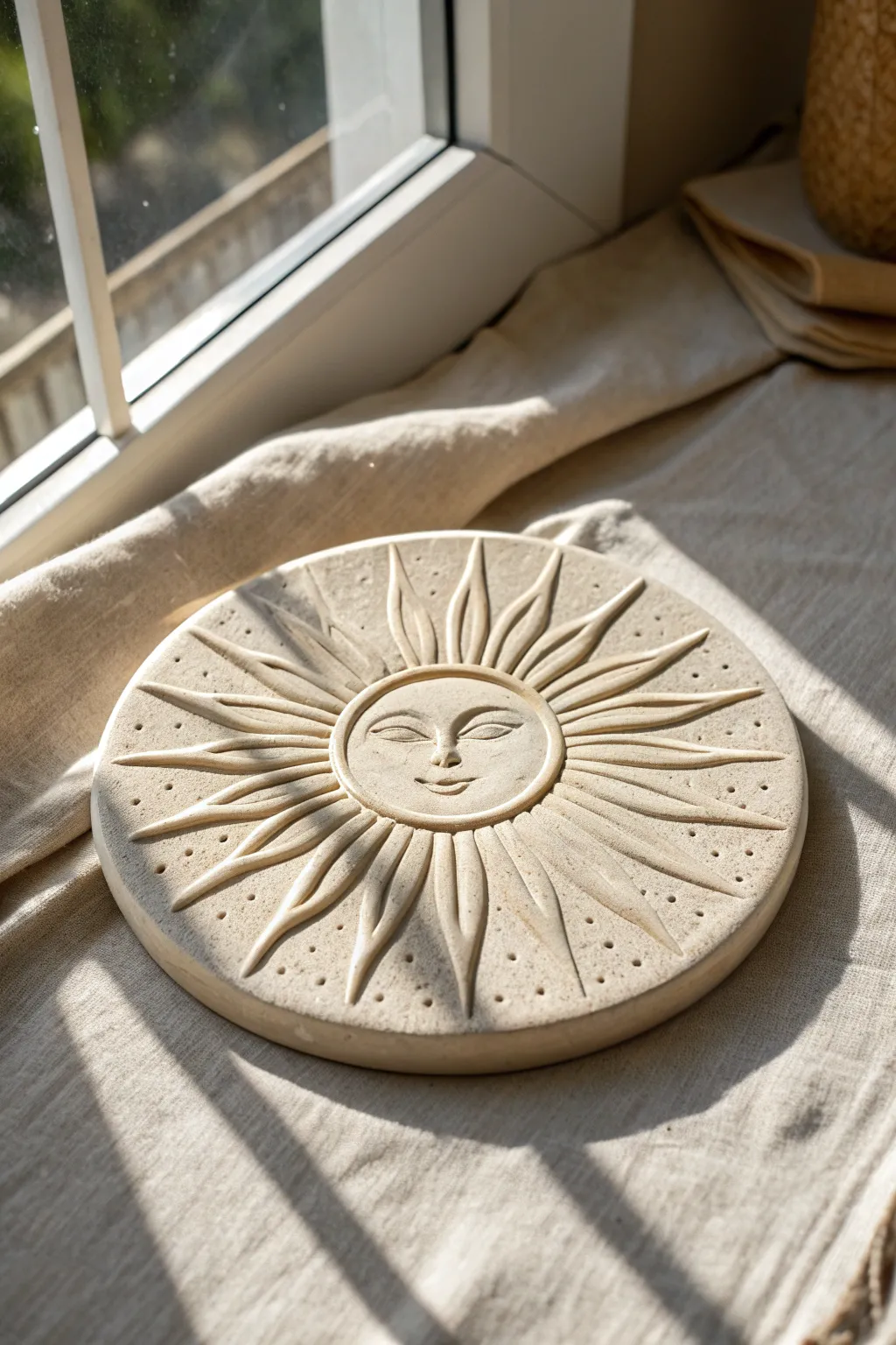 Sunburst clay relief plaque with raised center and textured rays, minimalist and warmly organic