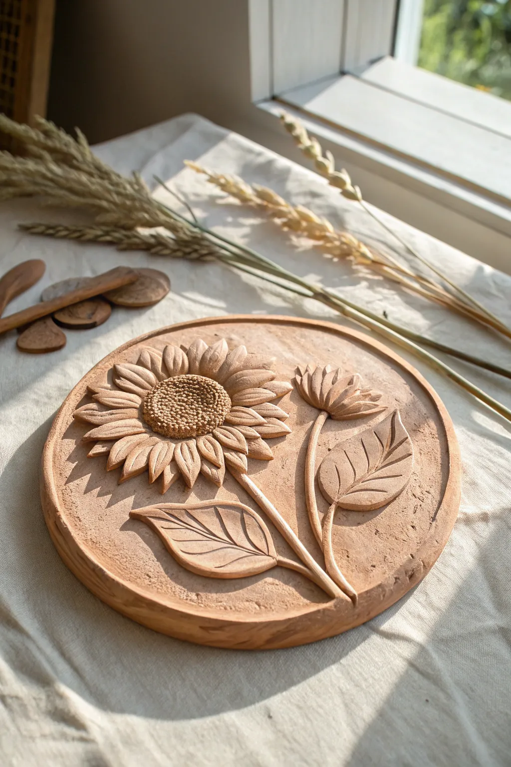 Sunflower medallion in high relief, warm terracotta tones and shadowy petals for bold contrast