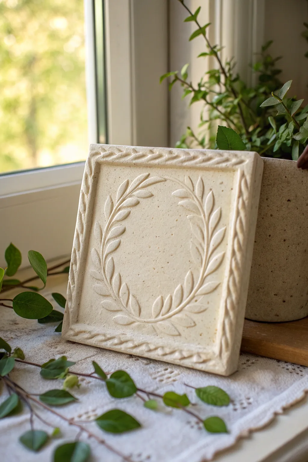 Minimal vine frame relief tile with soft shadows and layered leaves for gentle depth