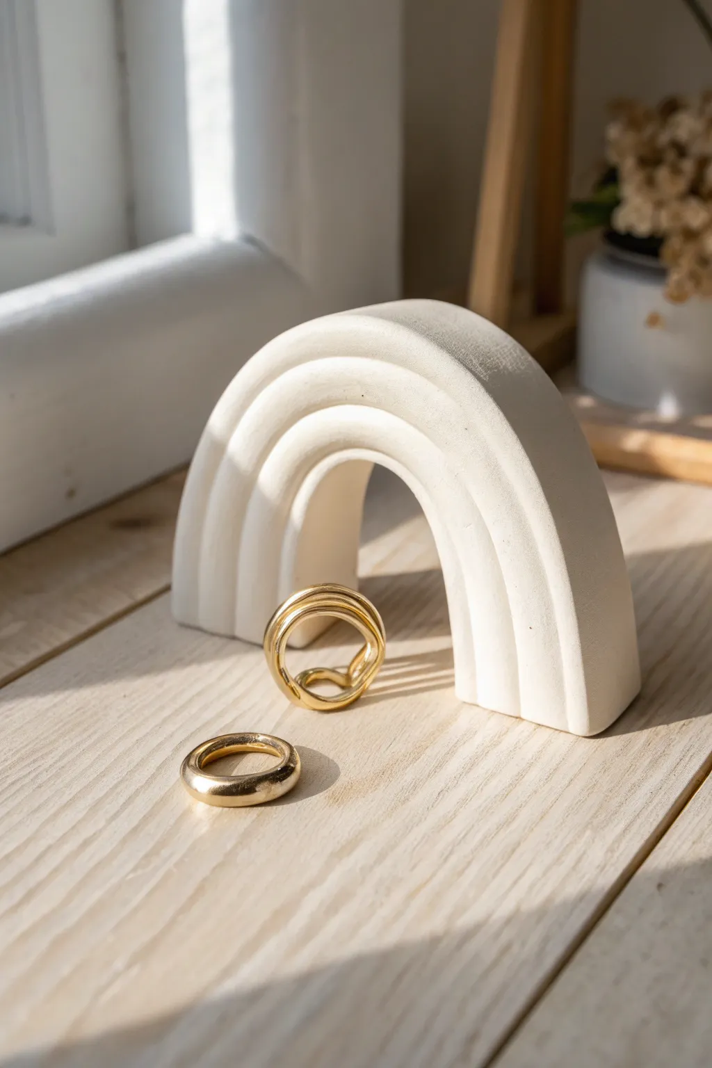 Minimal arch clay ring holder with gold rings, styled on light wood in soft natural light.