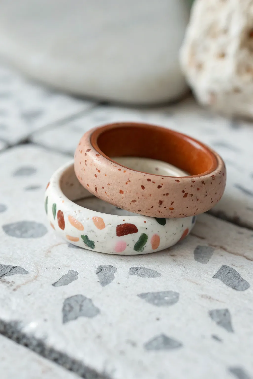 Terrazzo speckle clay ring stack with a solid band for clean minimalist contrast and warmth