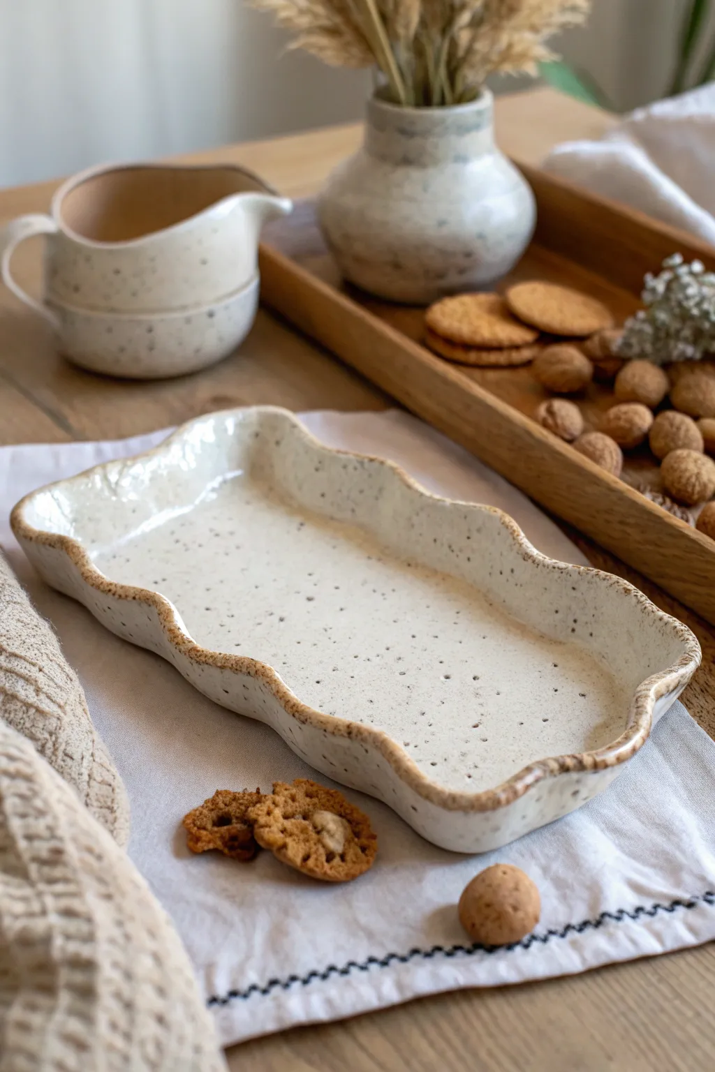 Soft wavy clay rolling tray with satin finish, organic shape and calm Scandinavian-boho style.