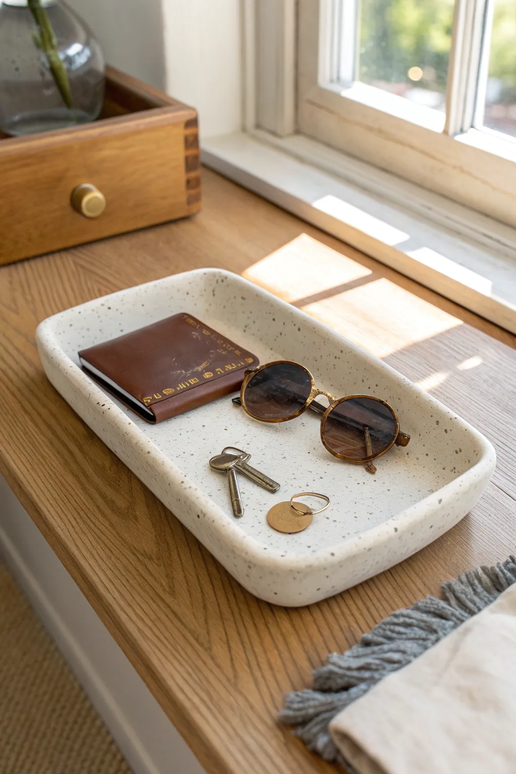 Minimal clay catchall tray that keeps keys, wallet, and sunglasses tidy in calm style