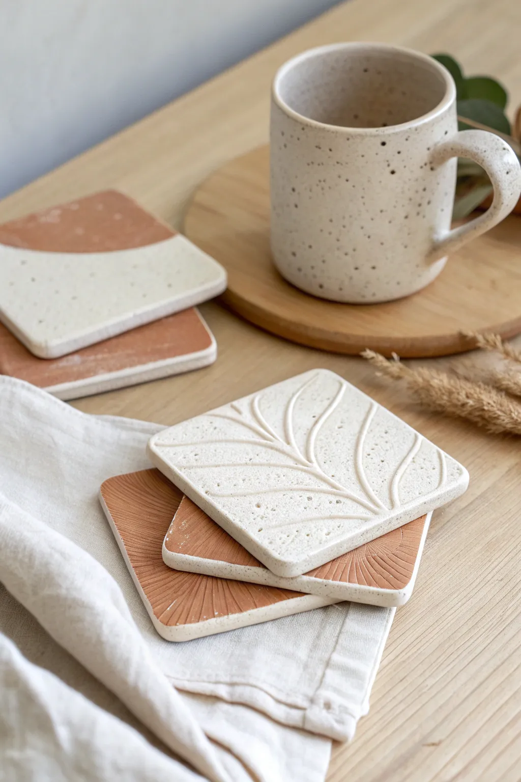 Easy textured clay slab coasters for beginners, simple patterns that look chic on any table