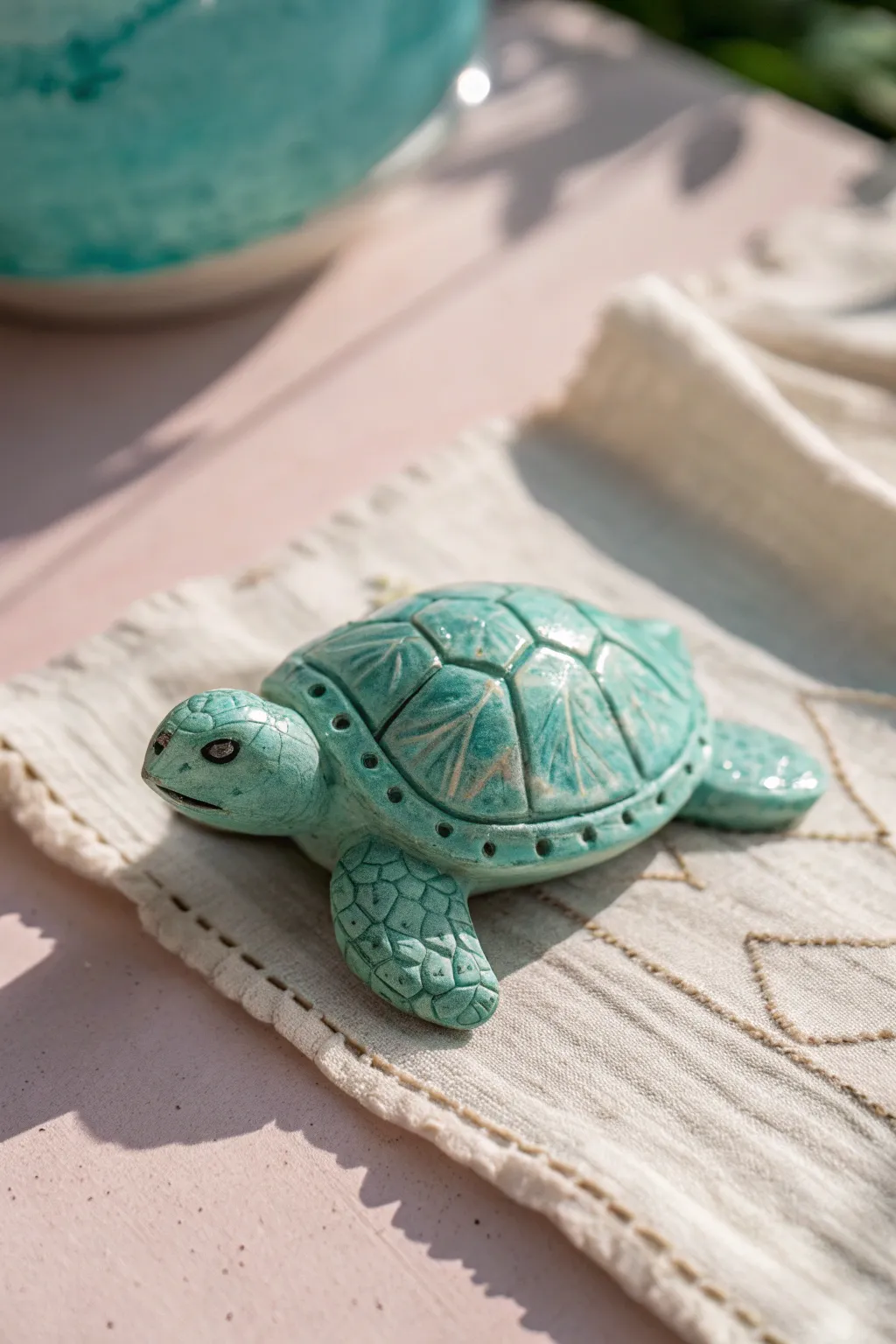 Bright slab-shell turtle with simple stamped textures, a fun kid-friendly clay sculpting idea.
