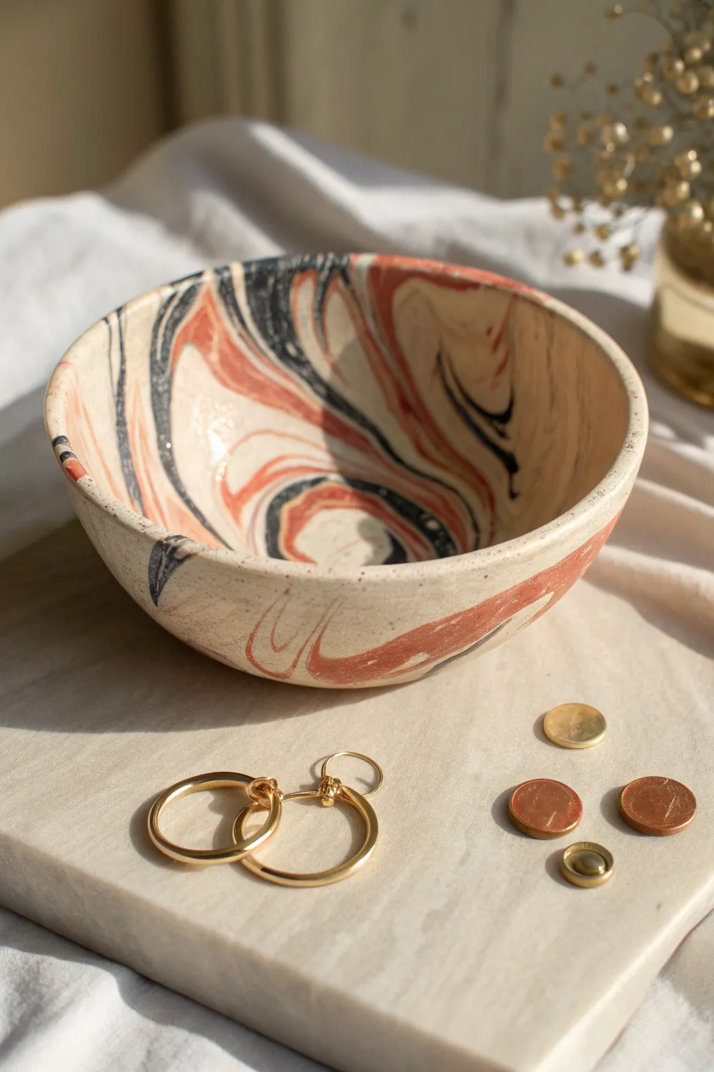 Marbled trinket bowl in soft neutrals, a simple handmade gift for jewelry and coins.