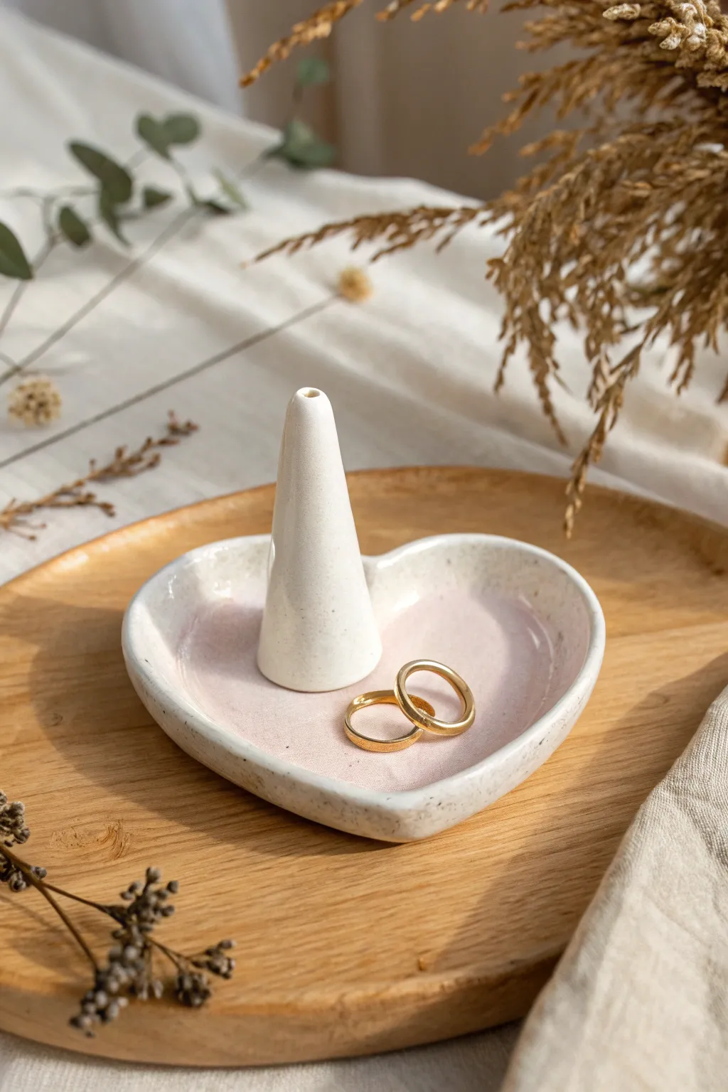 Coquette heart ring holder in pearly glaze, a sweet minimalist touch for your vanity.