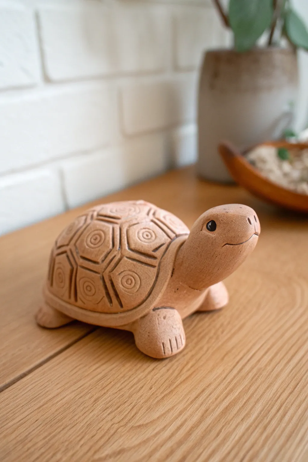 Cute beginner clay turtle with simple textured shell, minimalist Scandinavian styling