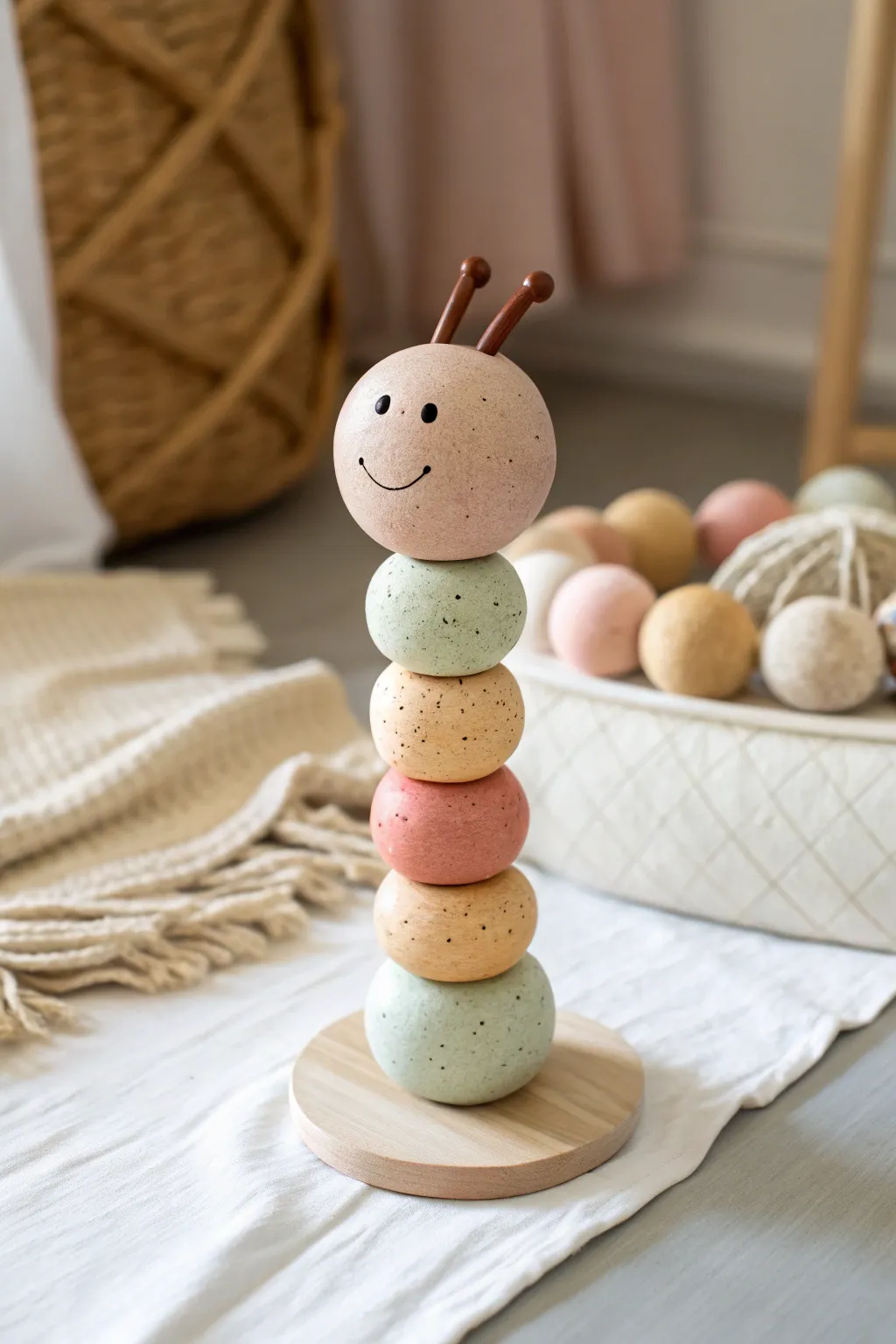 Cute roll-and-stack clay caterpillar in soft pastels, an easy sculpture idea for kids.