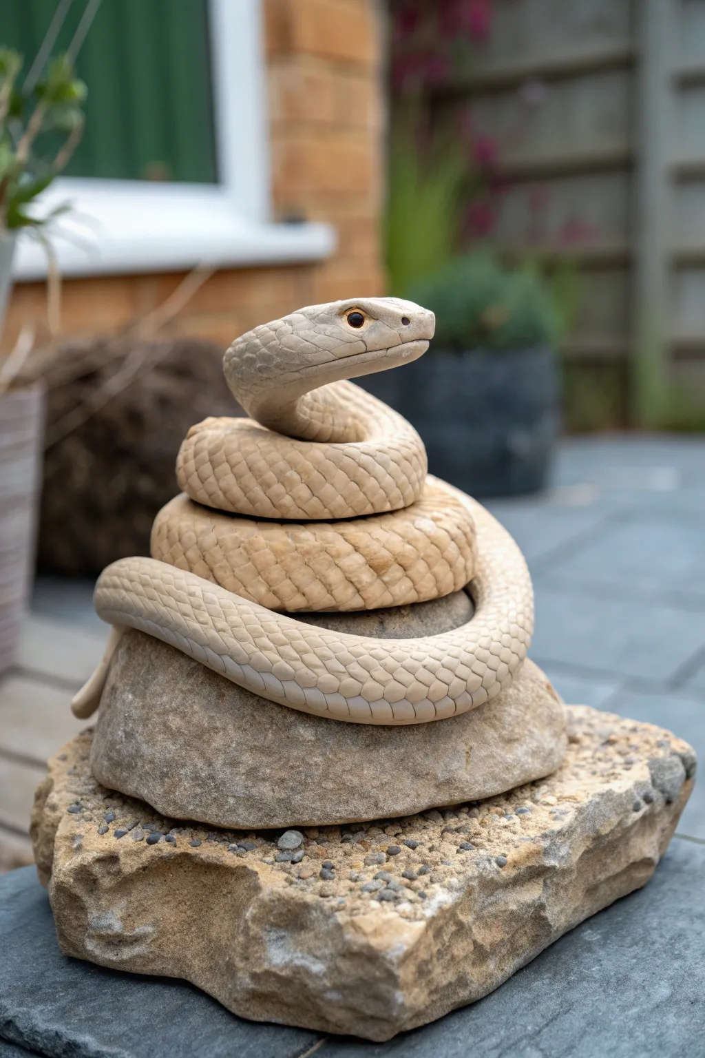 Coil-built clay snake with subtle scales, wrapped on a stone base, minimalist boho charm.