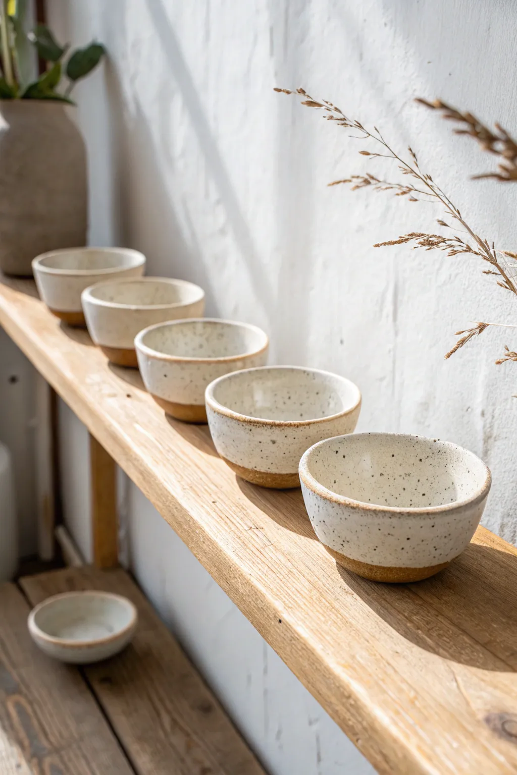 Mini pinch pot bowl set: 7 tiny handmade bowls in a soft speckled glaze, shelf styled minimal.