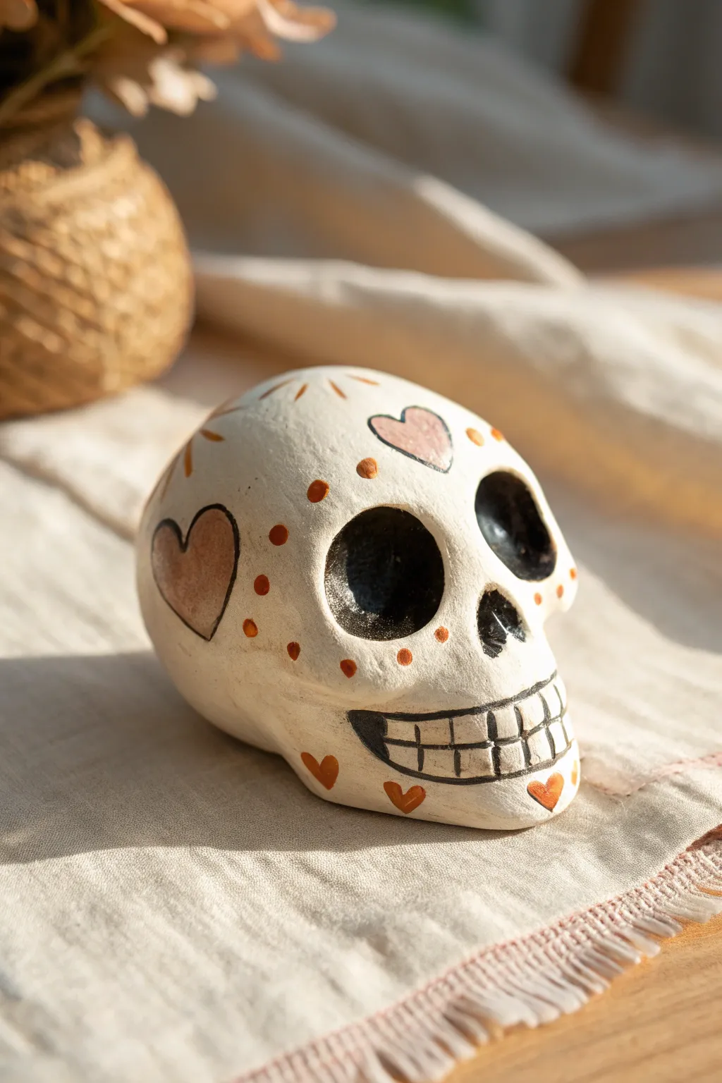 Heart-eye calavera skull in minimalist clay style, sweet details and warm natural contrast.