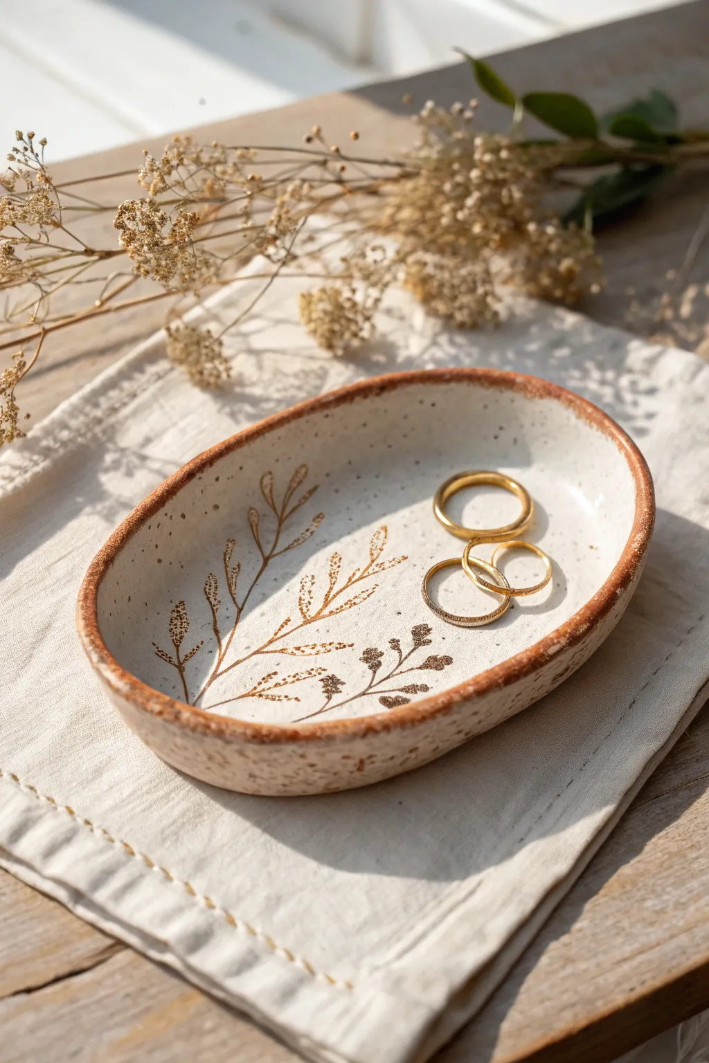 Stamped clay slab trinket dish with delicate texture, perfect for rings and small desk treasures