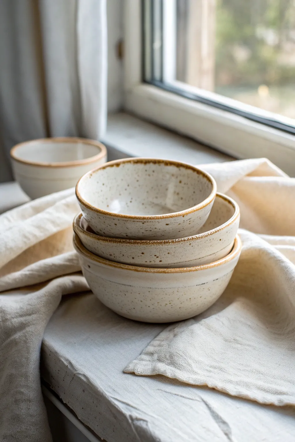 Nested trio of slump-mold slab snack bowls in creamy speckled glaze on linen, calm Nordic mood