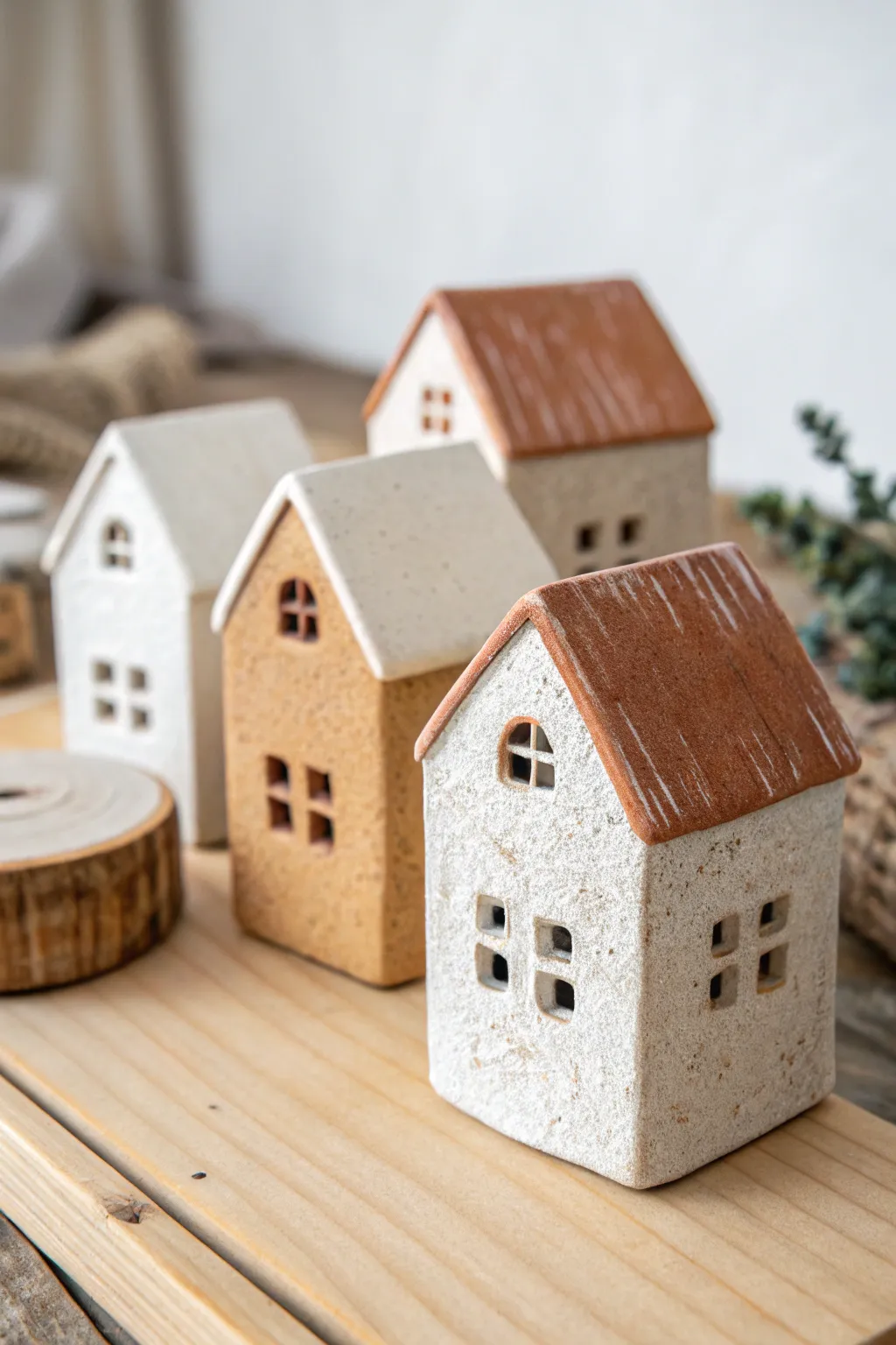 Mix-and-match slab house village set with varied roofs and windows in warm earthy tones.