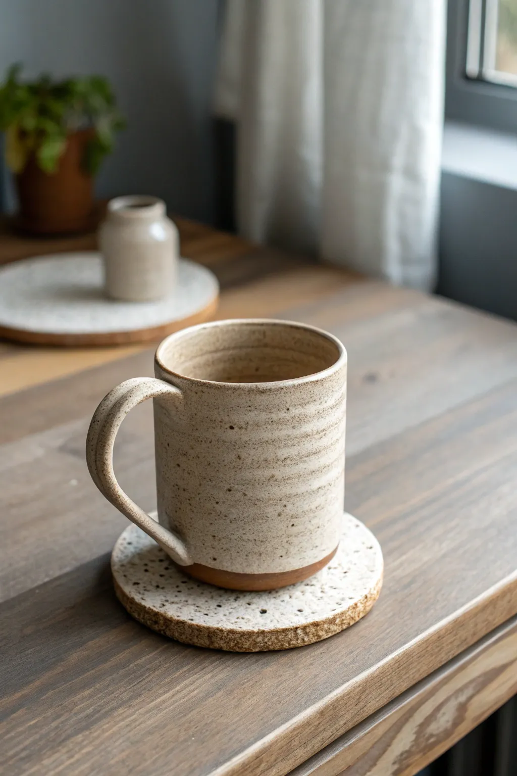 Simple slab mug with a strap handle and visible seam, styled minimally on a matching coaster.