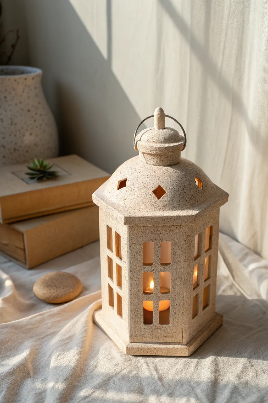 Minimal slab lantern with lift-knob lid, shown ajar for easy tealight access in calm Nordic style