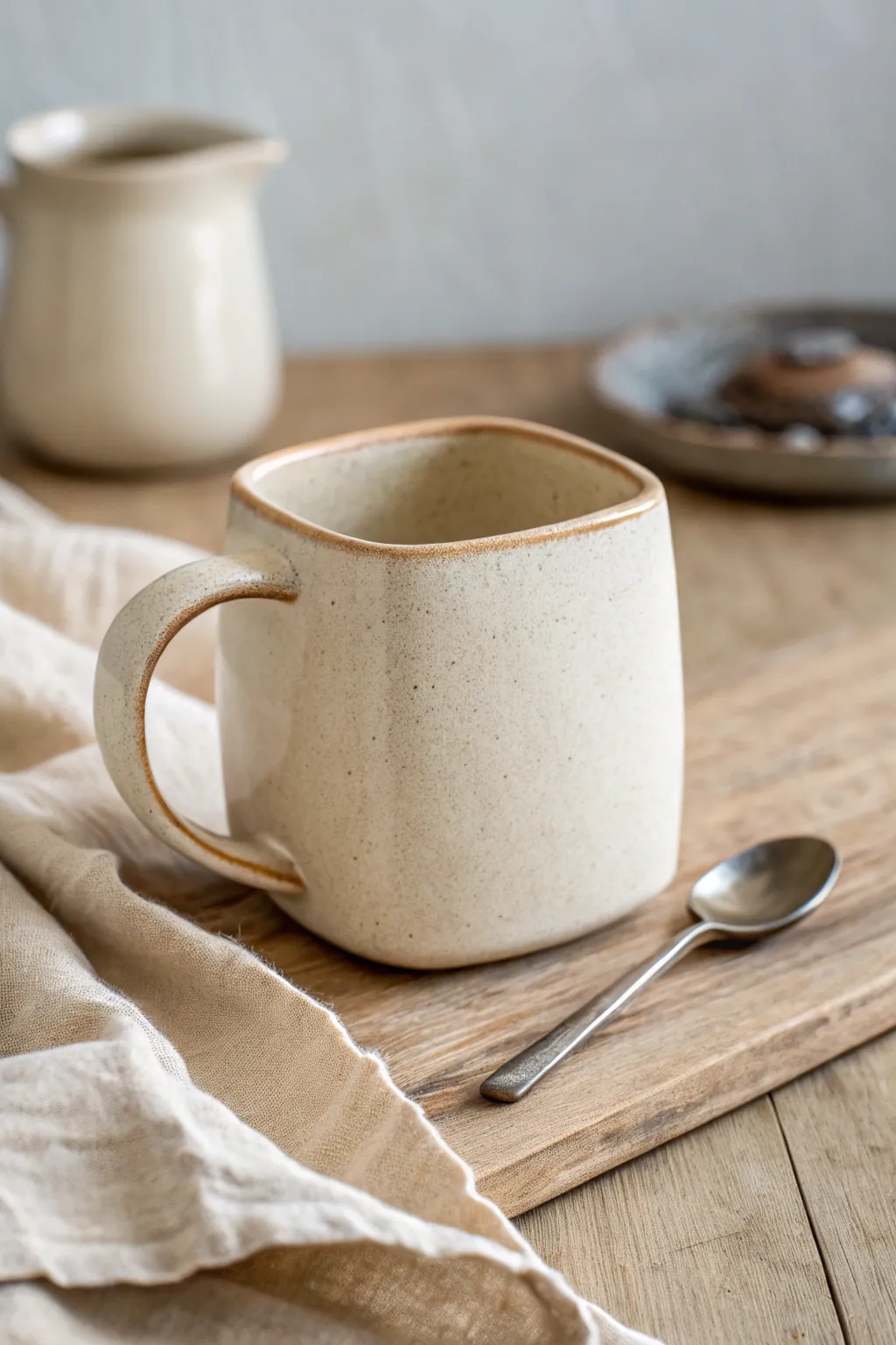 Rounded rectangle slab mug with matte glaze, styled simply with linen and a teaspoon