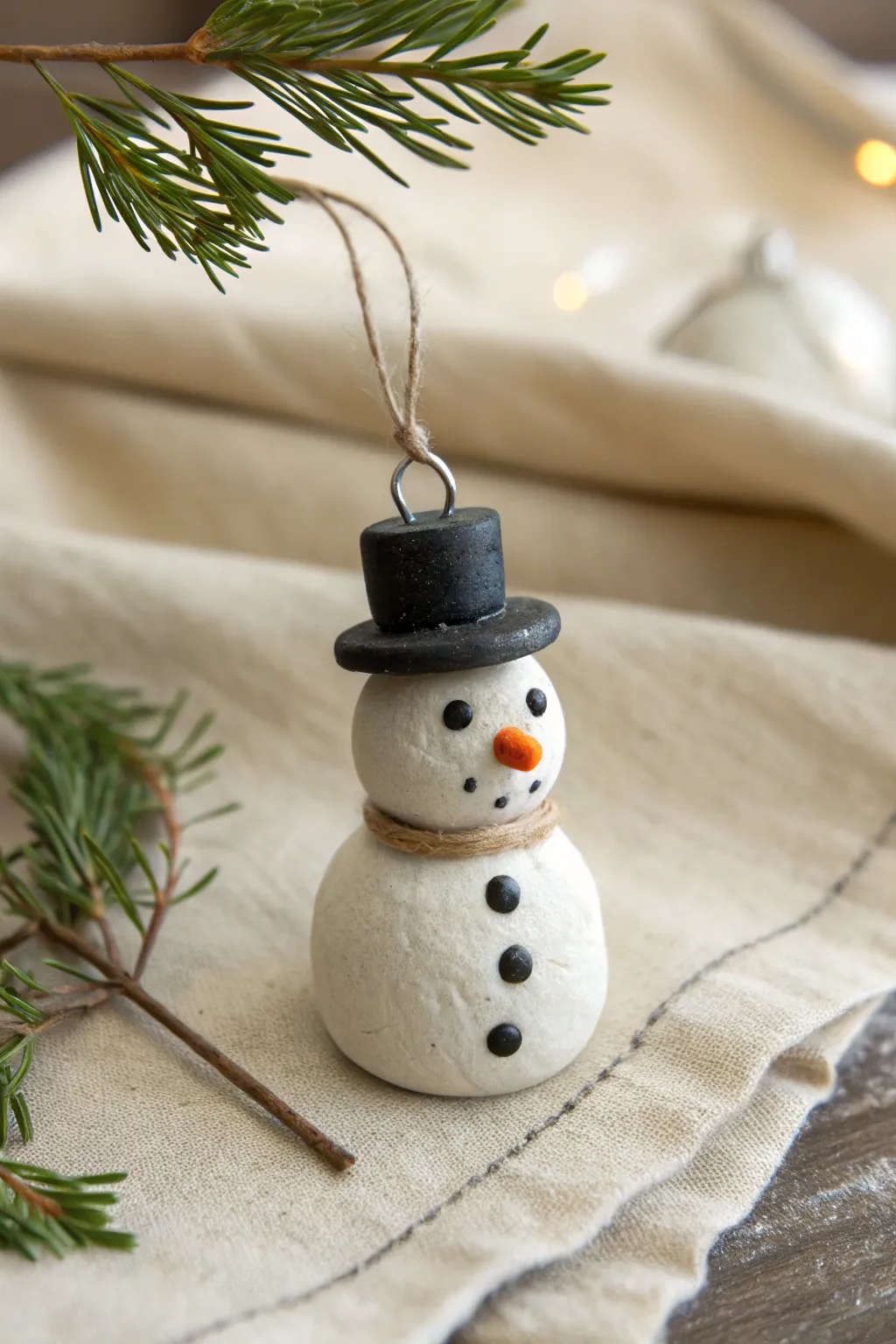 Minimal clay snowman with black top hat, styled on evergreen for a cozy Scandinavian winter vibe