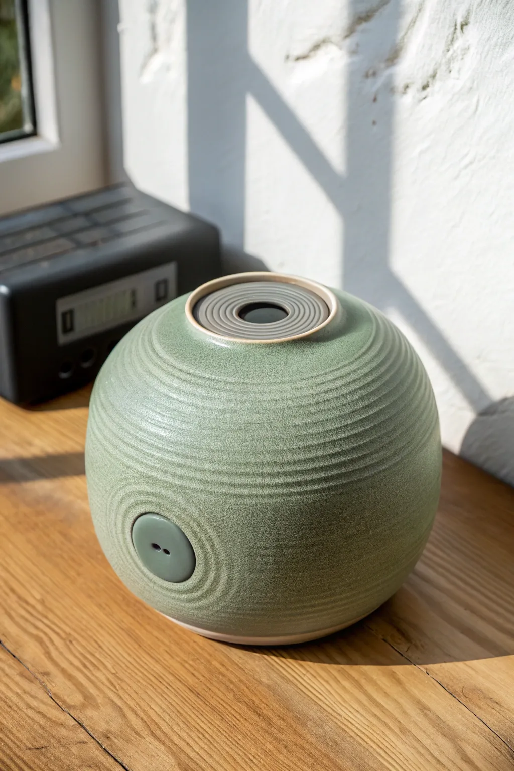 Minimal clay resonance pod speaker with clean slot and sound port, glazed in soft sage.