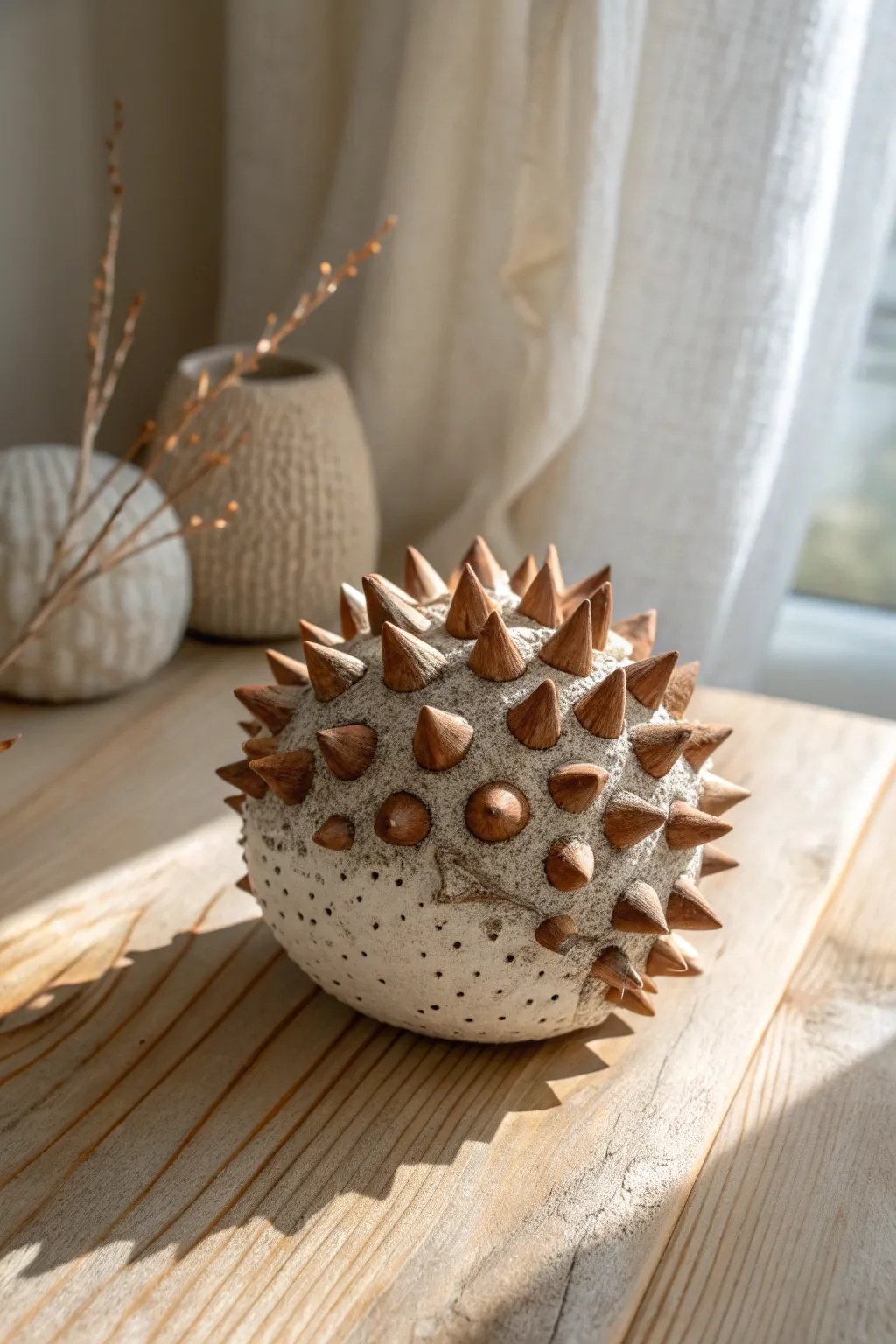 Spiky clay sphere décor inspired by hedgehog and porcupine, in soft earthy Scandinavian tones