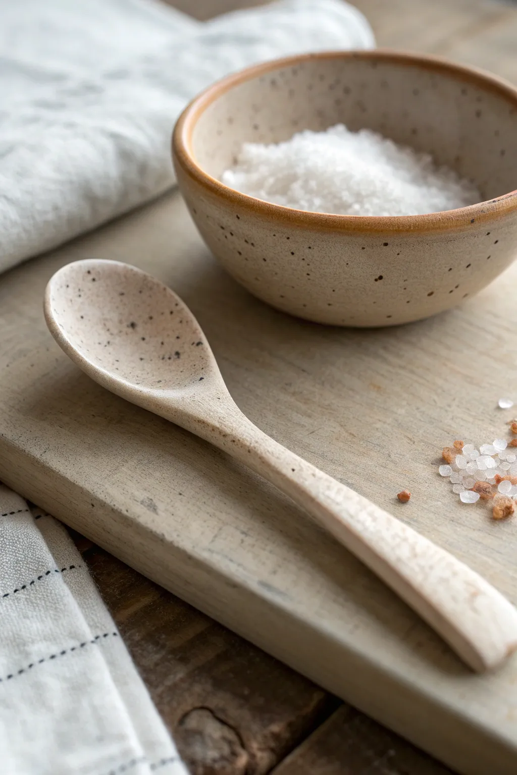 Pinch-style mini salt spoon with thumb impressions, styled beside flaky salt in a calm setting.