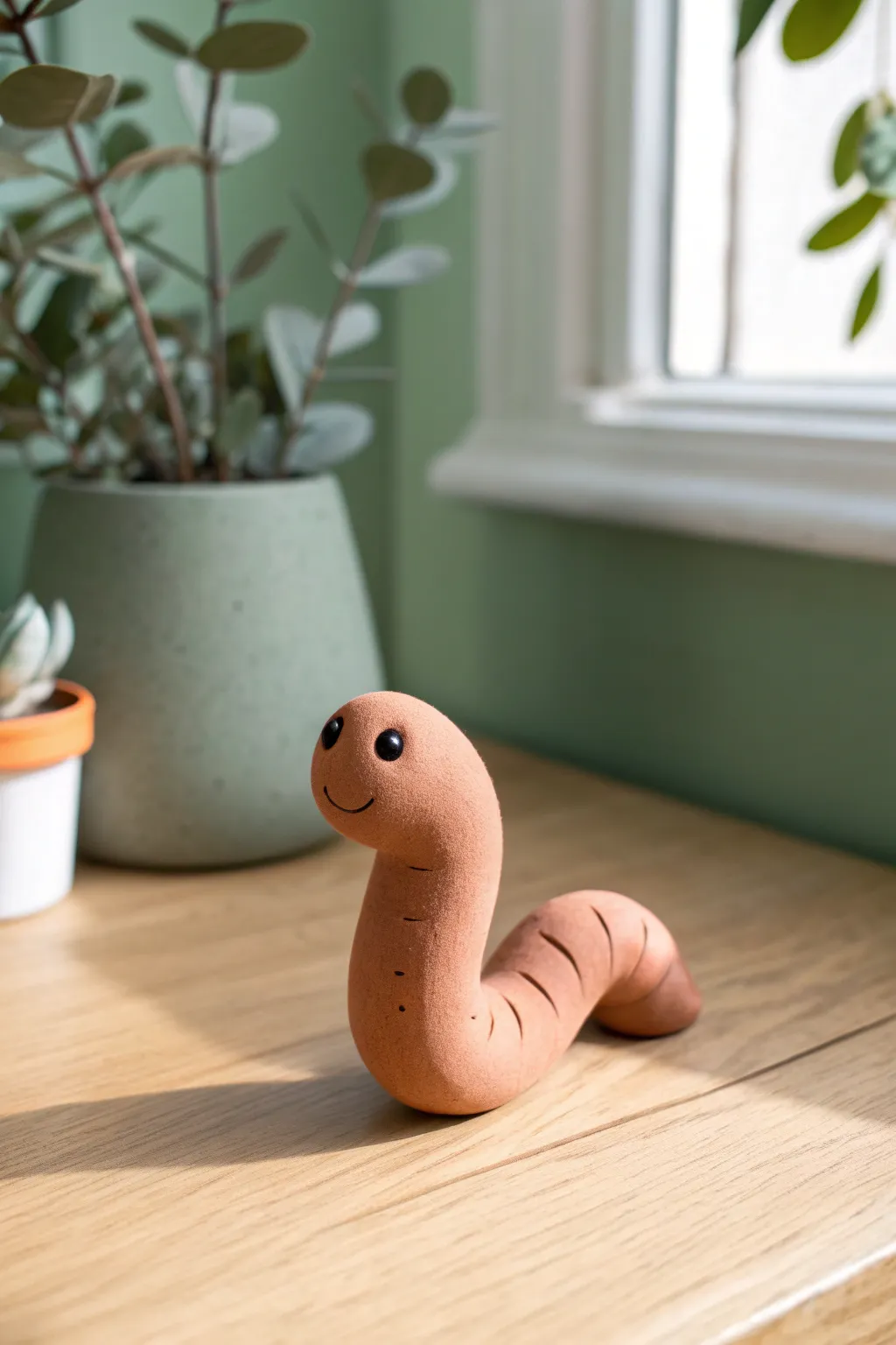 Cute S-curve clay worm on oak with a simple backdrop, made for easy stop-motion scenes.