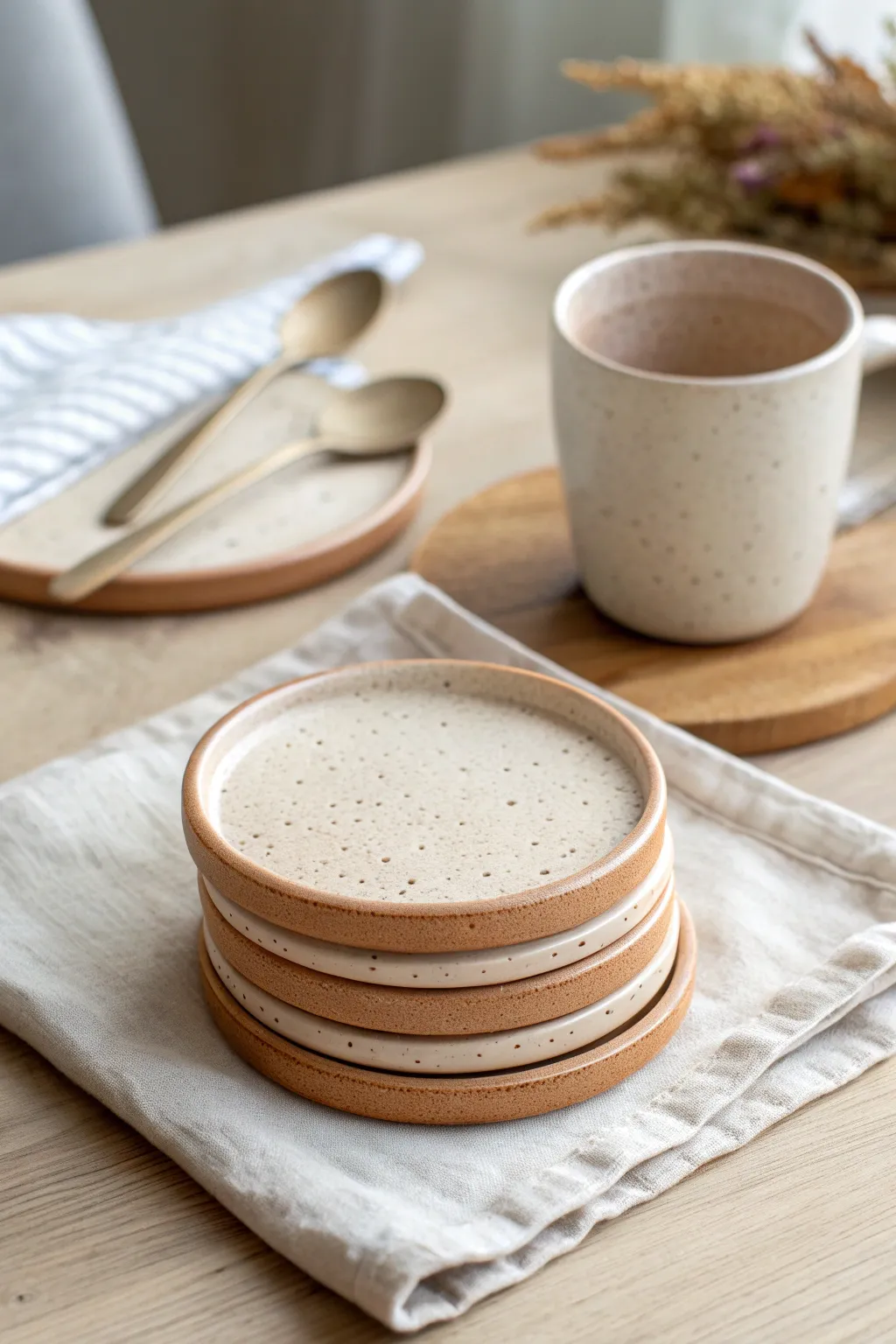 Simple clay coasters with soft texture and clean edges, styled in a calm, cozy nook.