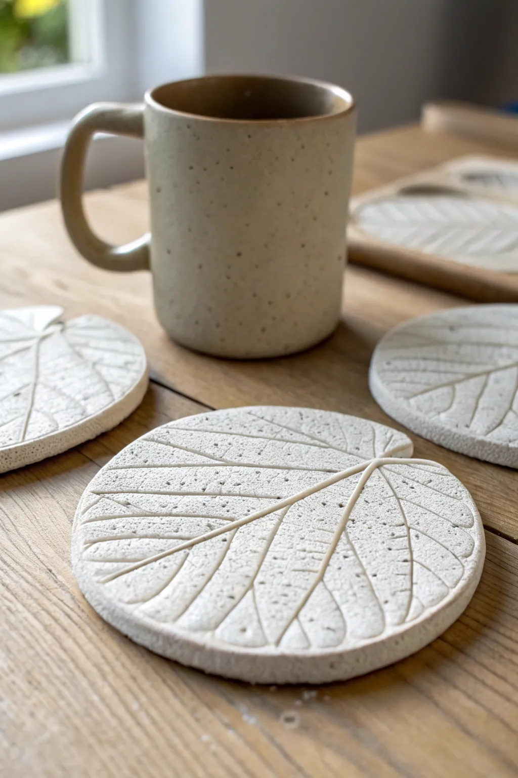 Stamped clay coasters with delicate texture, styled simply on warm wood for cozy minimal charm.