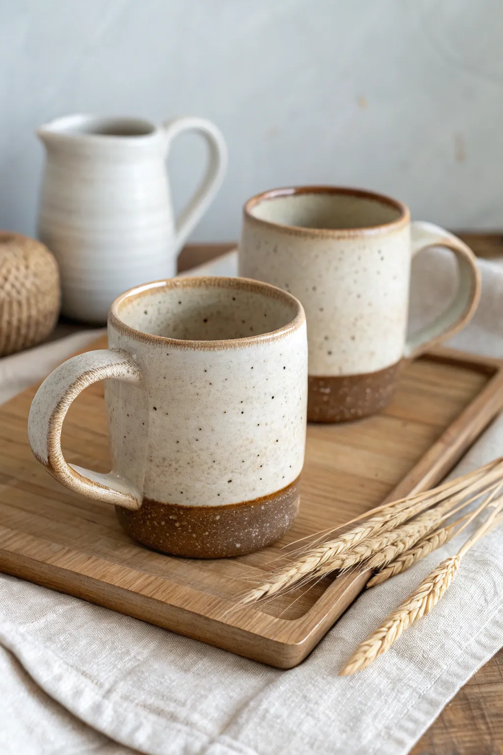 Everyday wheel-thrown mugs with comfy handles, classic and angular, made for daily rituals.