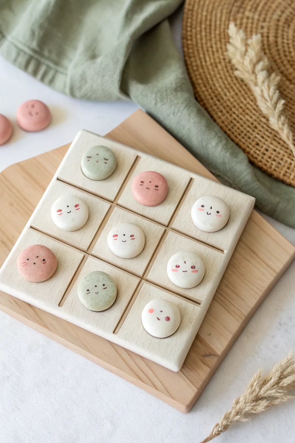 Sweet clay tic tac toe set with kawaii X and O faces in soft pastels and minimalist style