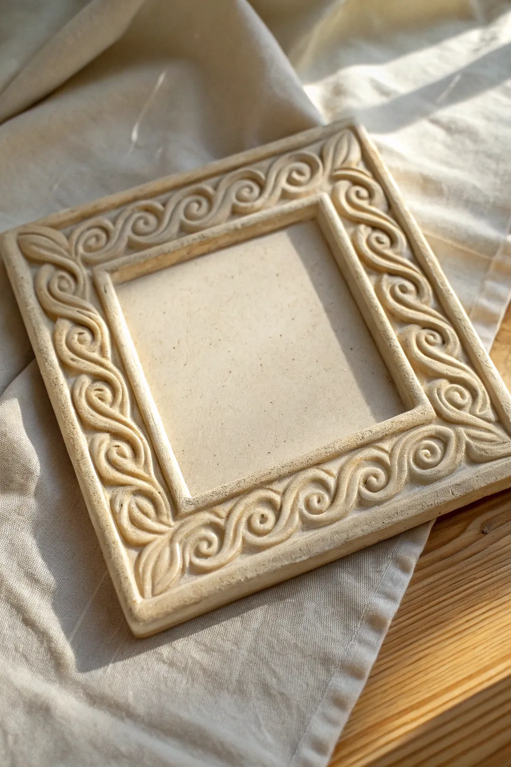 Minimal vine-frame clay tile with a calm center, matte neutrals, and soft shadows for contrast.