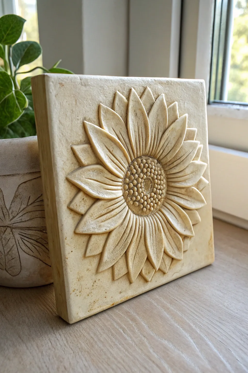 Sunflower bas-relief clay tile with warm earthy glaze, Scandinavian simplicity, and rich depth