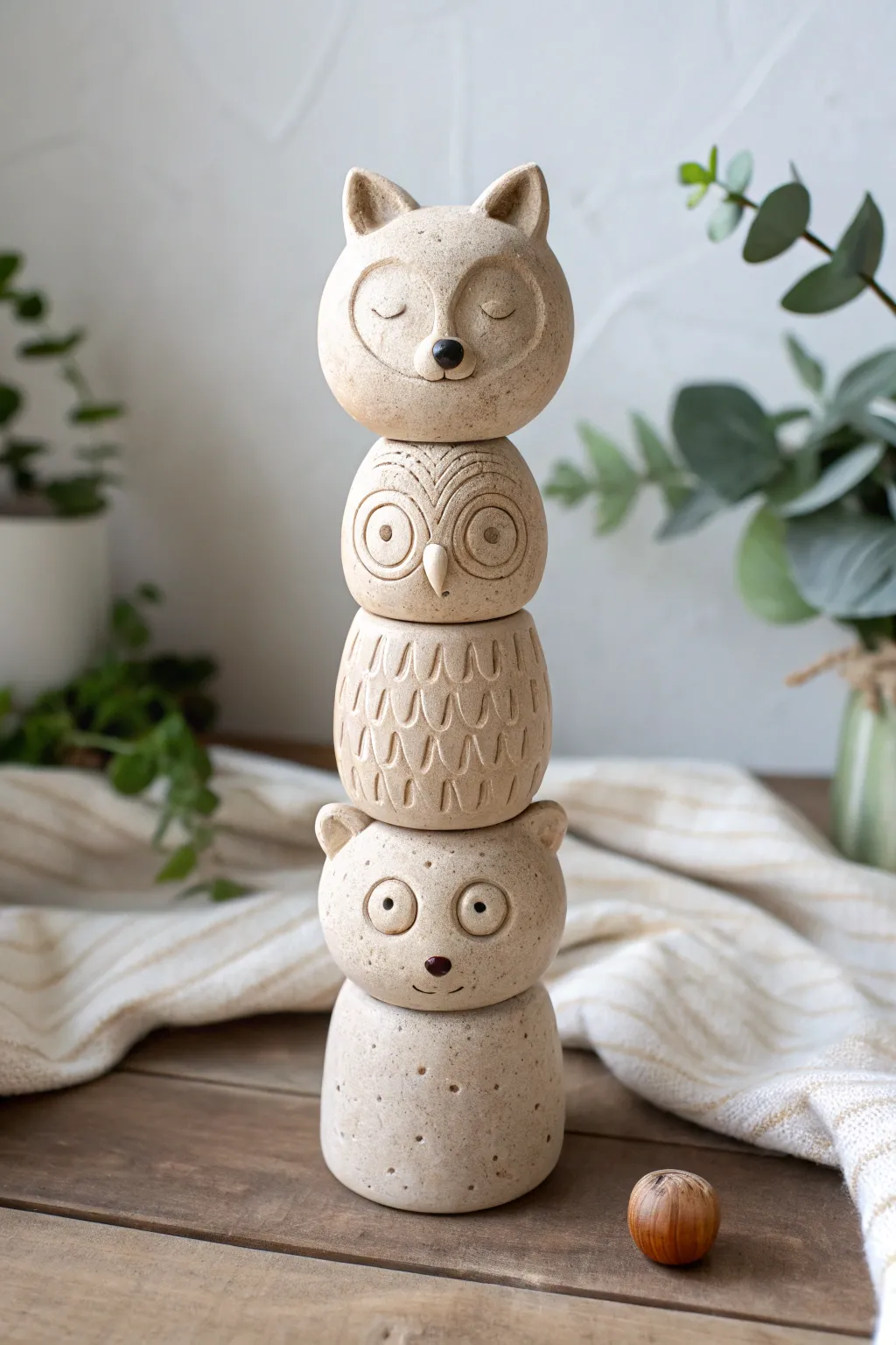 Woodland animal stack totem in matte stoneware, minimalist fox, owl, and bear charm
