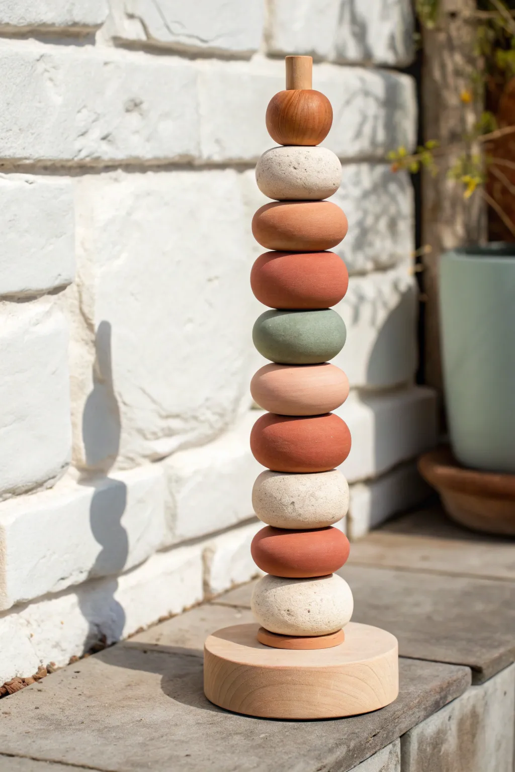 Playful bead-style clay totem with donuts and discs in soft Nordic tones for modern boho decor.