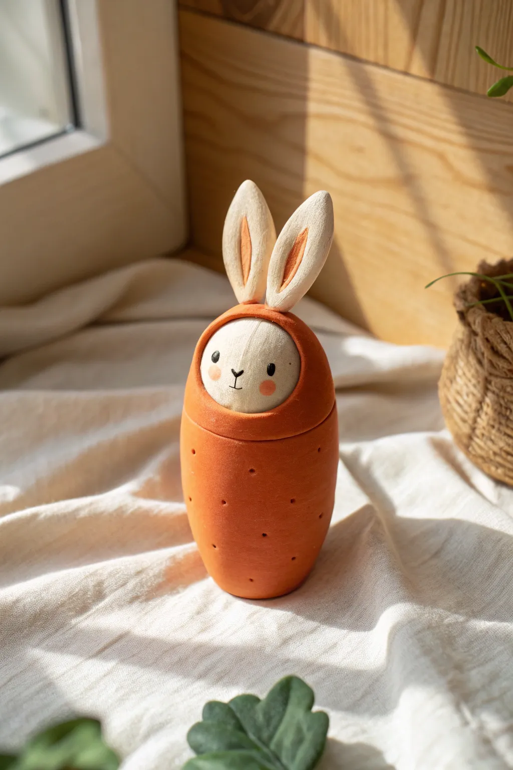 Adorable bunny-in-a-carrot clay surprise toy with cozy minimalist, boho Scandinavian charm