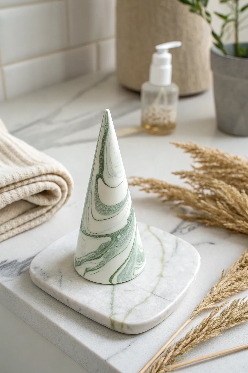 Minimal marbled ring cone in white and sage, a chic DIY clay trend for your vanity.