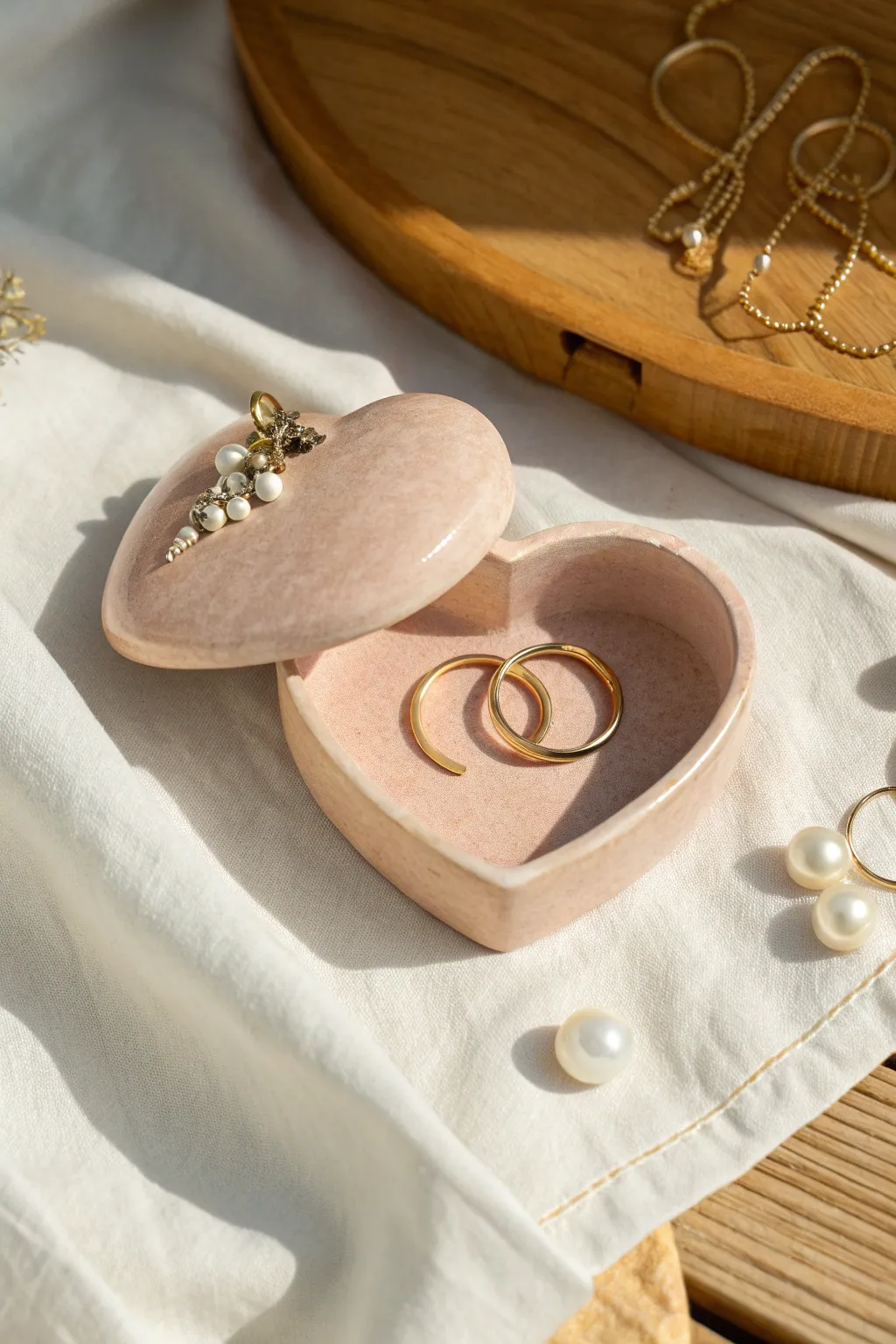 Soft blush heart trinket box with a peek of jewelry, minimalist and warmly styled