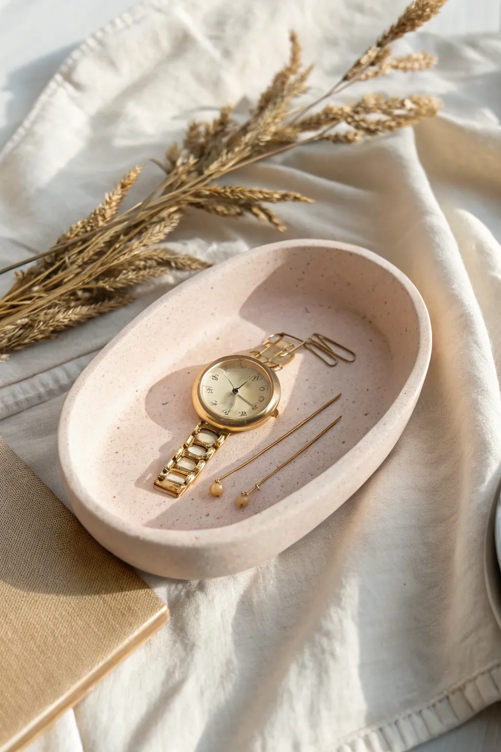 Minimal oval clay catchall in blush-beige, styled on linen with a watch and hair pins