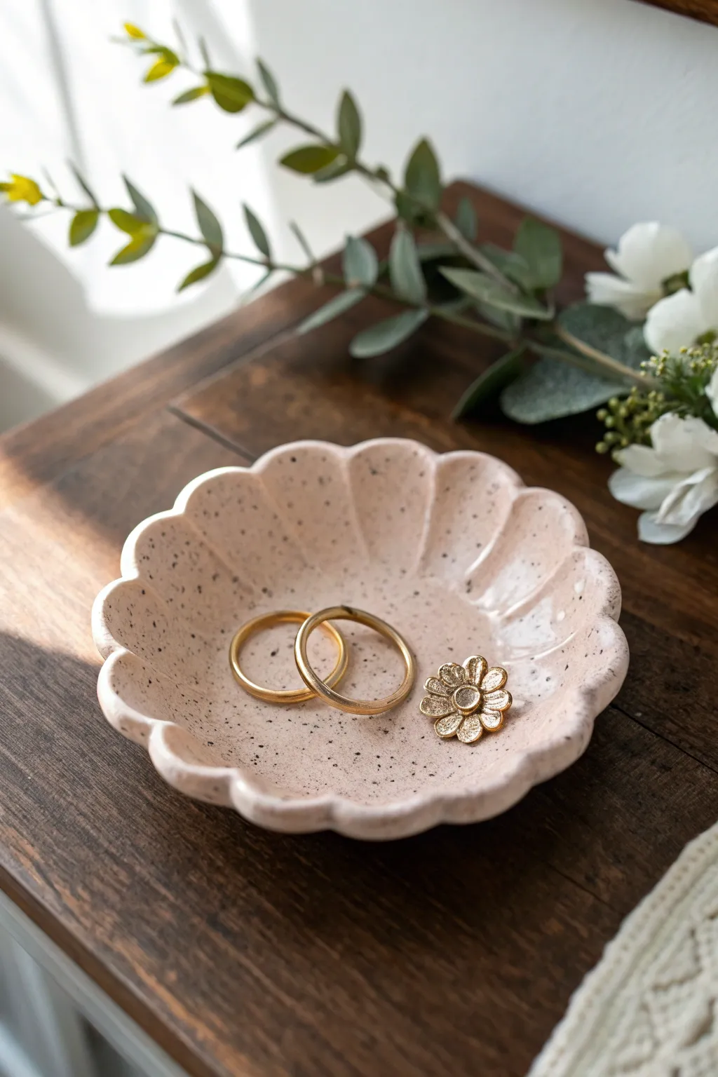 Soft pastel scalloped flower dish for rings and a charm, minimal boho beauty for your nightstand.