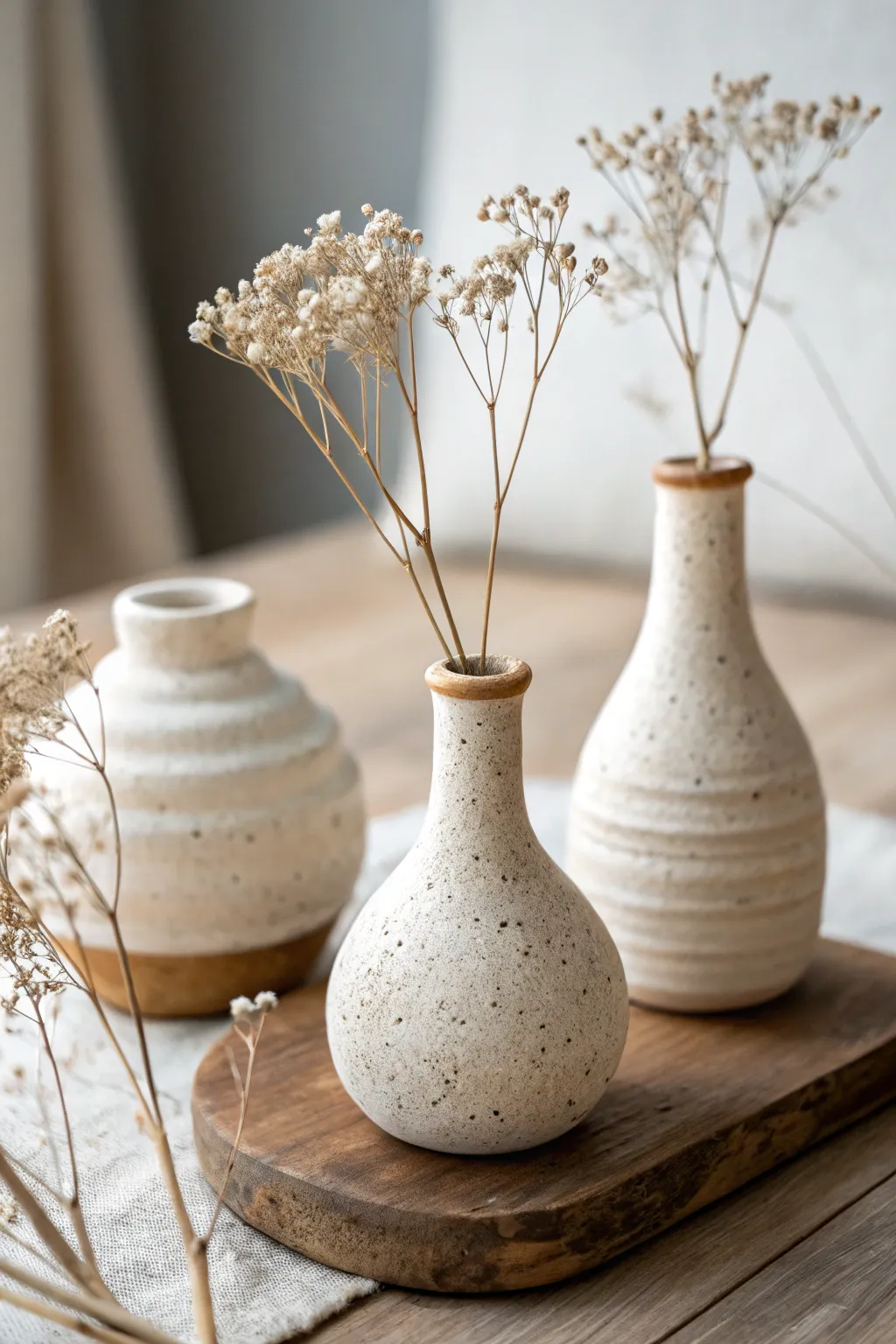 Pinch pot mini vase trio with delicate dried babys breath, a minimalist boho touch for any shelf.