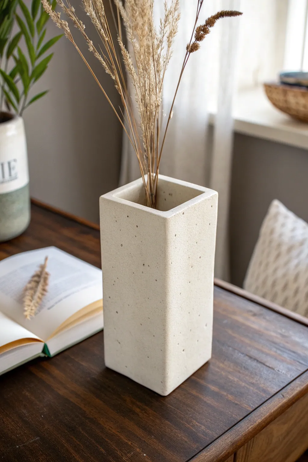 Minimal slab-box vase with straight sides, soft neutral glaze, perfect for dried blooms.
