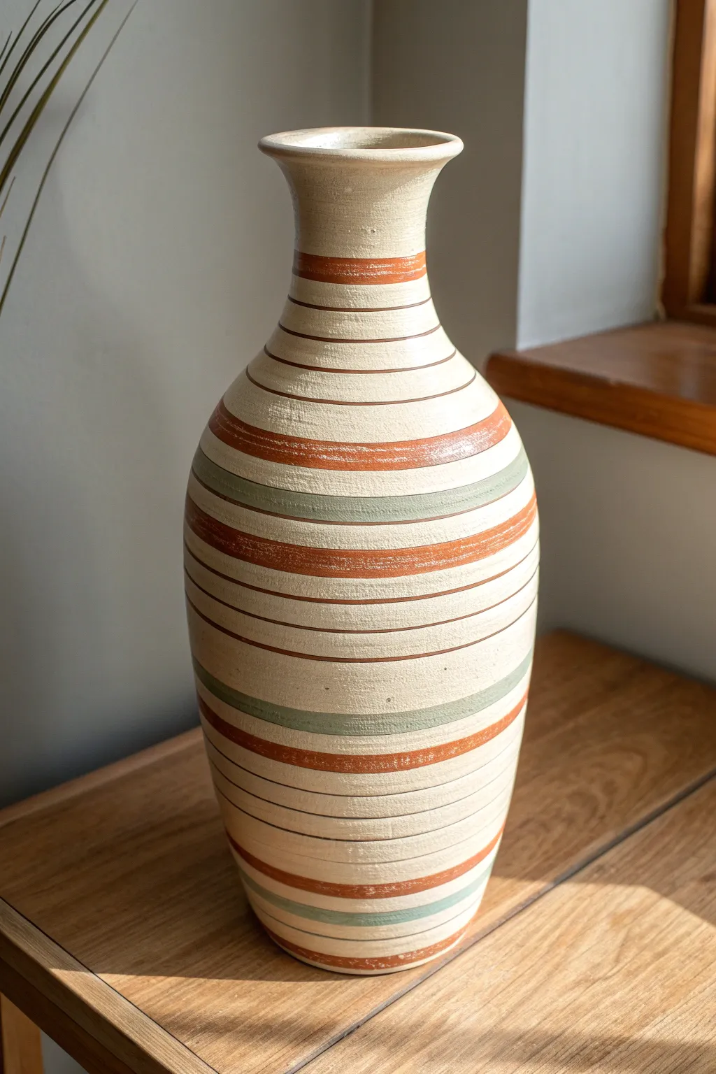 Clean painter-tape stripes transform a tall clay vase into a modern boho statement, easy to DIY.