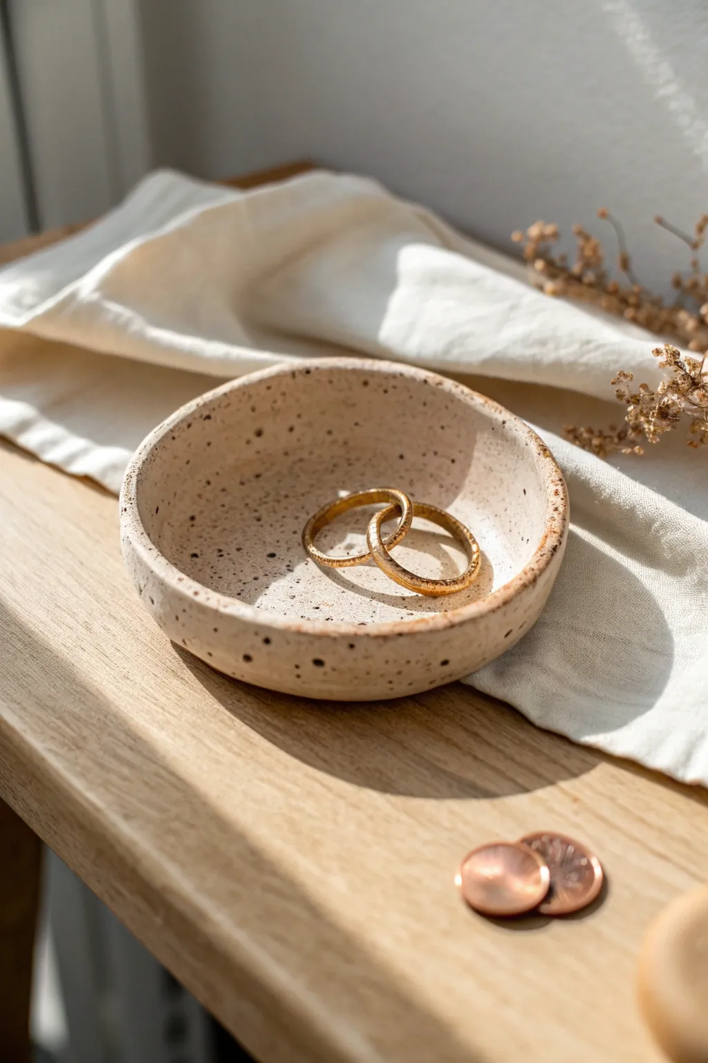 Simple handmade clay trinket dish for rings and coins, styled in soft light and calm decor