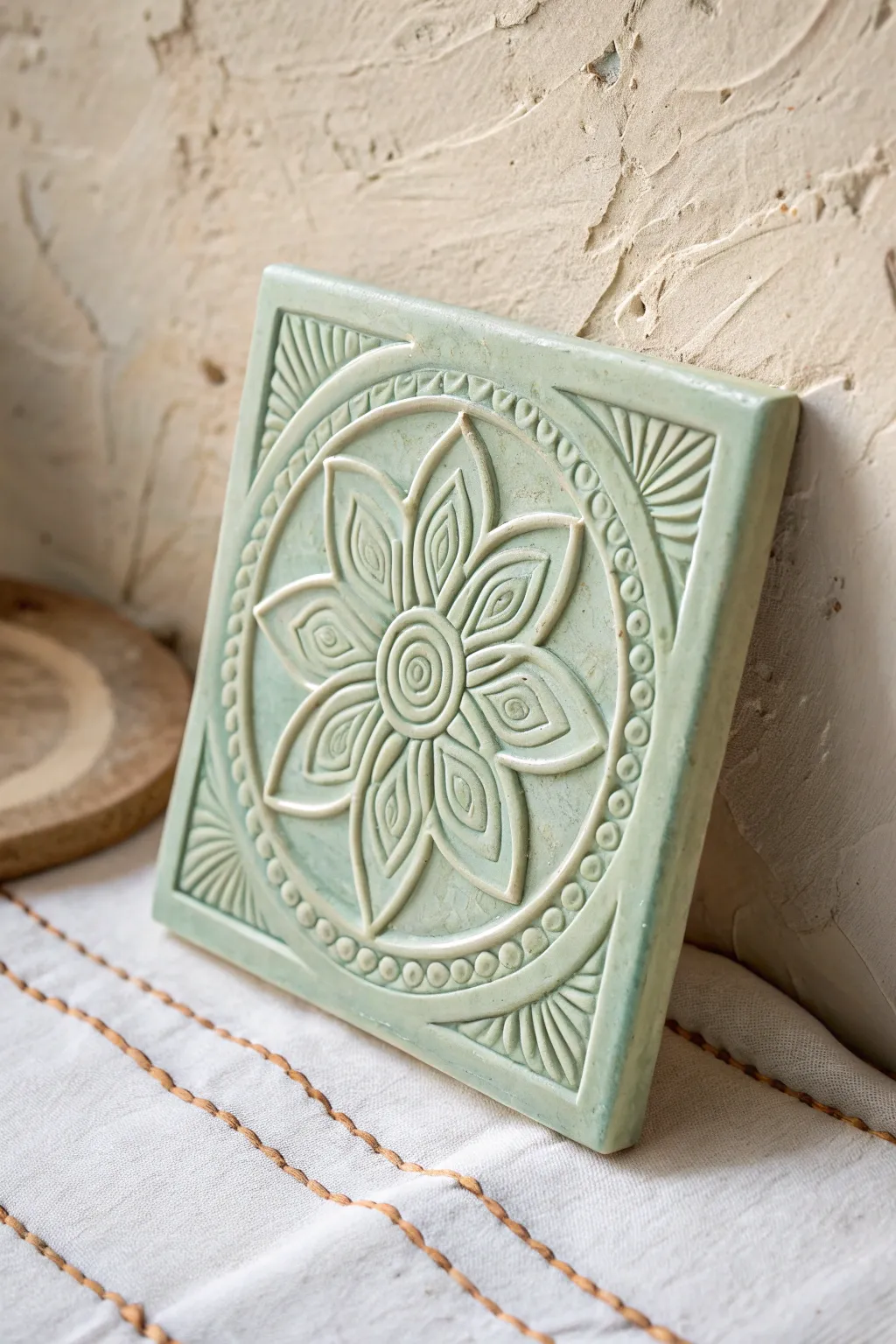 A calming raised-line mandala wall tile in a single matte glaze for minimalist boho charm
