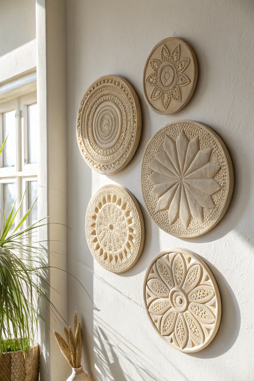 Textured clay wall medallions in a soft boho gallery cluster for calm Scandinavian vibes.