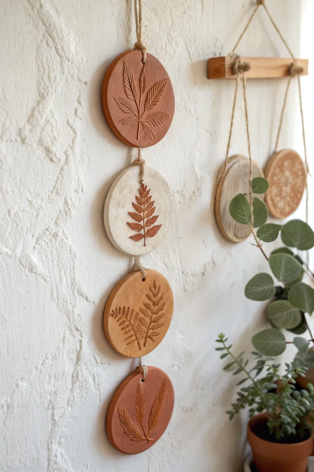 Minimal clay wall hanging with leaf imprints and twine, calm Scandinavian boho botanical mood.